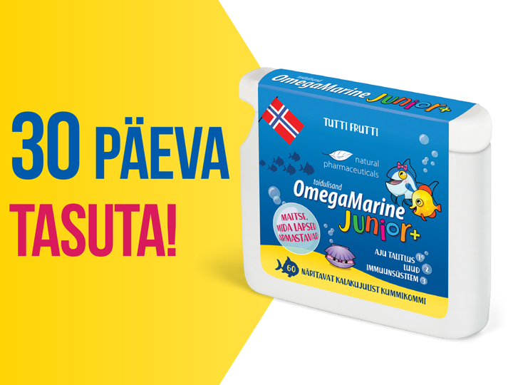 Natural Pharmaceuticals OmegaMarine Junior+ Reklaam toidulisandile OmegaMarine Junior+ tutti frutti frutti maitsega želeede kujul. Värviline pakend kalagraafikaga, mis sisaldab 60 närimiskapslit. Tekst teavitab tasuta 30-päevasest prooviperioodist.