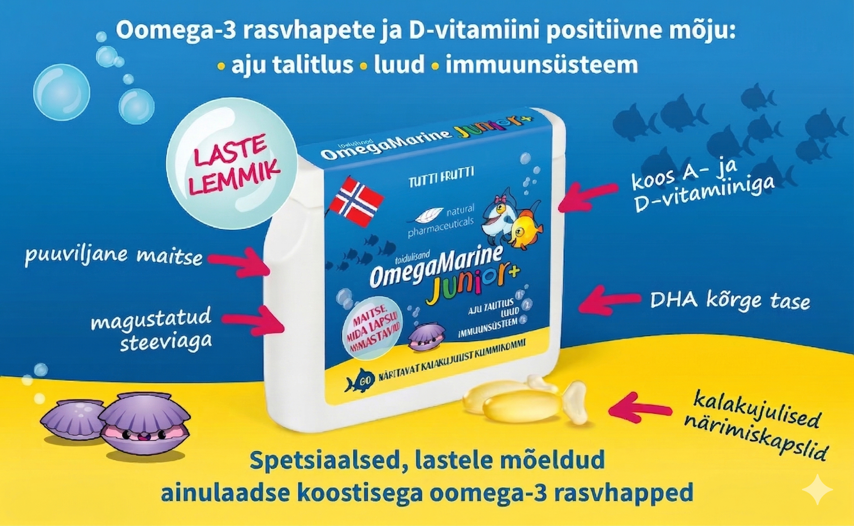 Natural Pharmaceuticals OmegaMarine Junior+ OmegaMarine Junior+ toidulisandpakend kalade närimiskapslite kujul. Tähelepanuväärsed omadused: puuvilja maitse, ainult looduslikud koostisosad, kõrge DHA, A- ja D-vitamiini sisaldus, magustatud steviaga. Pakendil on värviline graafika kalade ja karpide kohta ning sõnad „Laste lemmik“. Sinise ja kollase tooniga taustal on mullid ja kalade siluetid. Lastele mõeldud toode toetab aju, luid ja immuunsust.
