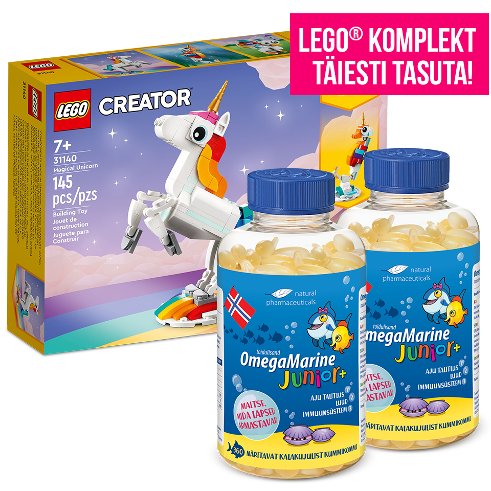 Natural Pharmaceuticals OmegaMarine Junior+ kaks pudelit Natural Pharmaceuticals'i OmegaMarine Junior+ toidulisandit Norra lipu ja kala graafikaga. Etiketil on teave laste aju, luude ja immuunsuse toetamisest ning tekst „Maitse, mida lapsed armastavad“. Paremas ülemises nurgas on valge tekstiga roosa bänner: „LEGO® KOMPLEKT TÄIESTI TASUTA!“.