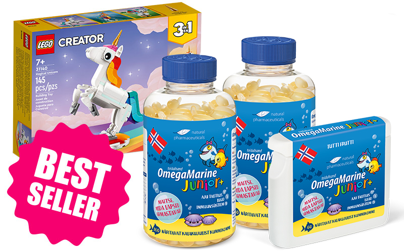 Natural Pharmaceuticals OmegaMarine Junior+ OmegaMarine Junior+ toidulisandi tootekomplekt Natural Pharmaceuticalsilt: kaks pudelit kalakujulisi kapsleid, üks pakend närimistablette ja LEGO Creator-karp koos ükssarvikuga (145 tükki, 3-in-1). Vasakul on roosa silt sõnadega „BEST SELLER“.