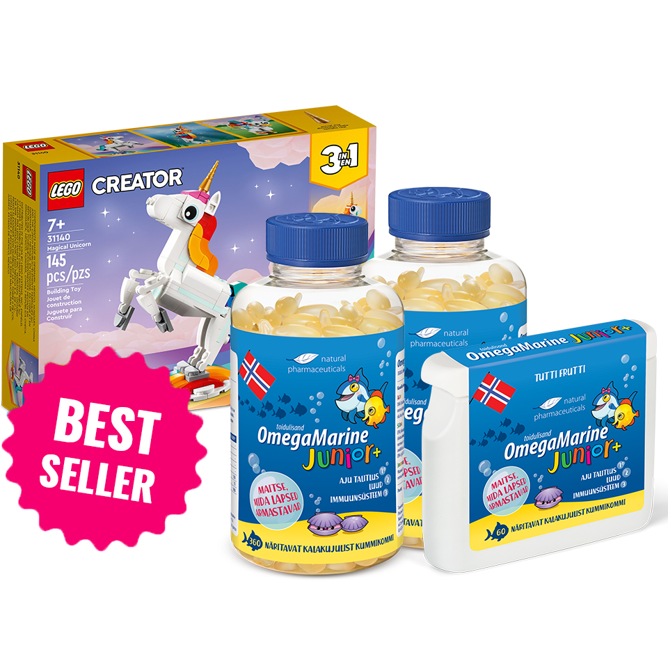Natural Pharmaceuticals OmegaMarine Junior+ Natural Pharmaceuticals'i OmegaMarine Junior+ toidulisandit kujutav reklaamkogumik kahes suures pudelis ja ühes lamedas pakendis. Taustal on LEGO Creator 3-in-1 telliskivikomplekt - „Magical Unicorn“. Vasakul on roosa silt sõnadega „BEST SELLER“.