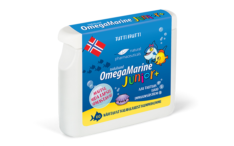 Natural Pharmaceuticals OmegaMarine Junior+ Natural Pharmaceuticals'i toidulisandi OmegaMarine Junior+ pakend. Toode on puuviljase tutti frutti maitsega ja sisaldab 60 kalakujulist tarretist. Eestikeelsel etiketil on värvilised illustratsioonid kaladest, Norra lipp ning teave aju, luustiku ja immuunsüsteemi funktsiooni toetamise kohta.