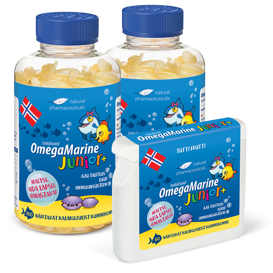 Natural Pharmaceuticals OmegaMarine Junior+ Kaks suurt pudelit ja üks väike pakend OmegaMarine Junior+ toidulisandit Natural Pharmaceuticals. Etikettidel väidetakse positiivset mõju ajule, luudele ja immuunsüsteemile ning loosung: „Maitse, mida lapsed armastavad“. Pakendid sisaldavad kalakujulisi tarretisi.