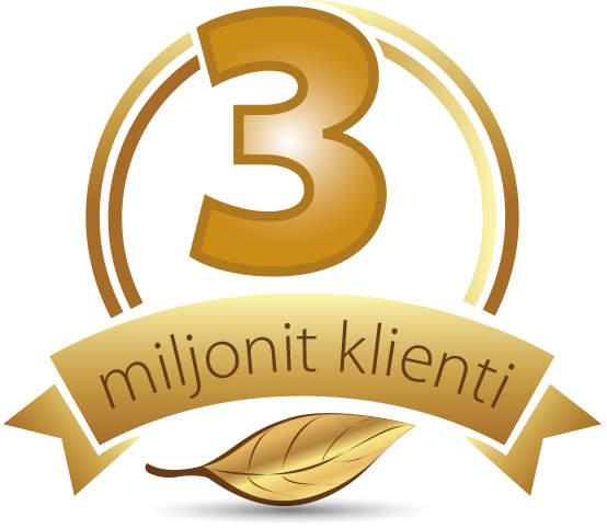 Natural Pharmaceuticals OmegaMarine Junior+ Kuldne embleem, mille keskel on suur number „3“, mille all on kuldne lint kirjaga „miljonit klienti“. Lindi all on näha kuldne leht. Graafika sümboliseerib kolme miljoni kliendi saavutust.