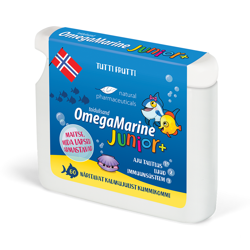 Natural Pharmaceuticals OmegaMarine Junior+ Pakend laste toidulisand OmegaMarine Junior+ tutti frutti maitsega, mis sisaldab 60 kalakujulist tarretist. Pakendil on värvilised kalad, Norra lipp ja teave aju, luude ja immuunsüsteemi toetamise kohta.