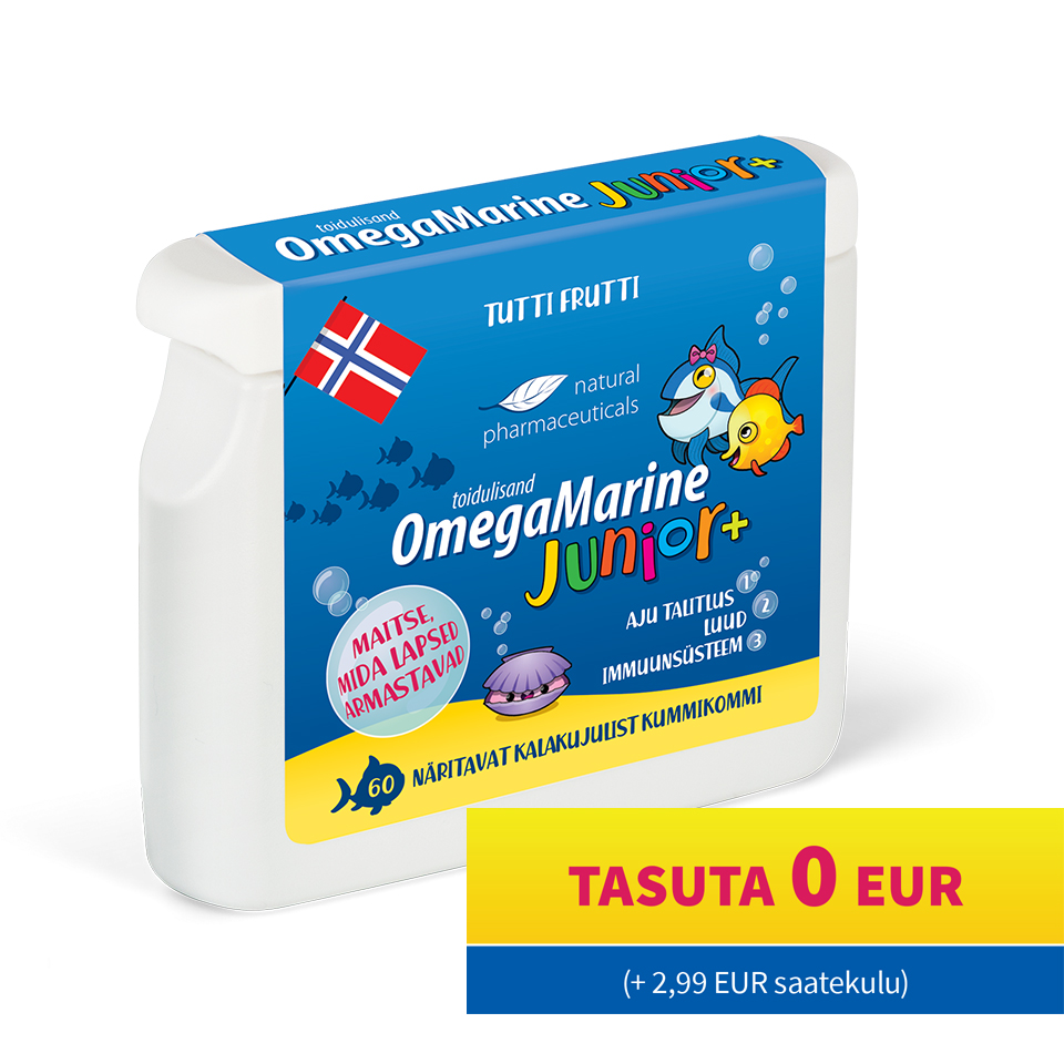Natural Pharmaceuticals OmegaMarine Junior+ Pakend OmegaMarine Junior+ toidulisandit tutti frutti maitsega. Sinikollasel etiketil on Norra lipp, rõõmsameelsete kalade ja rannakarpide joonised ning teave positiivse mõju kohta: ajufunktsioonile, luudele ja immuunsüsteemile. Paremal allosas on bänner loosungiga: „TASUTA 0 EUR (+2,99 EUR saatkulu)“.