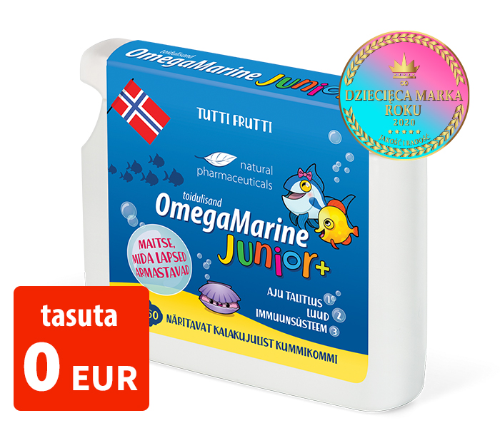Natural Pharmaceuticals OmegaMarine Junior+ Natural Pharmaceuticalsi pakend OmegaMarine Junior+ tutti frutti maitse toidulisandile, mis on kujutatud esiküljel. Etiketil on kujutatud Norra lipp, värvilised kalad, teave aju, luude ja immuunsuse toetamise kohta ning tekst: „Maitse, mida lapsed armastavad“. Vasakpoolses alumises nurgas on punane kast sõnadega „tasuta 0 EUR“, mis viitab tasuta proovile. Paremas ülemises nurgas on värviline medal sõnadega „Aasta lastemark 2020 - kvaliteet ja rõõm“.