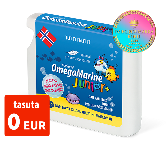 Natural Pharmaceuticals OmegaMarine Junior+ Pakend OmegaMarine Junior+ toidulisandit tutti frutti maitsega. Sinikollasel etiketil on Norra lipp, rõõmsameelsete kalade ja rannakarpide joonised ning teave positiivse mõju kohta: ajufunktsioonile, luudele ja immuunsüsteemile. Paremal allosas on bänner loosungiga: „TASUTA 0 EUR (+2,99 EUR saatkulu)“.